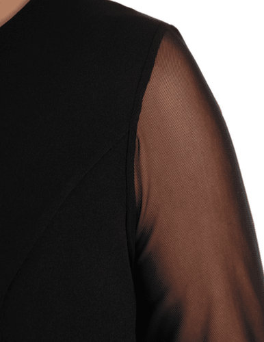 Granatowa elegancka sukienka AMELIA z siateczkowymi rękawami i wiązaniem – midi plus size