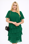 Butelkowozielona szyfonowa sukienka koktajlowa midi MELANIA EMERALD Plus Size – falbany i lekkość