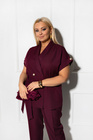 Bordowy elegancki komplet FELICITA – marynarka wiązana i spodnie | Premium Plus Size