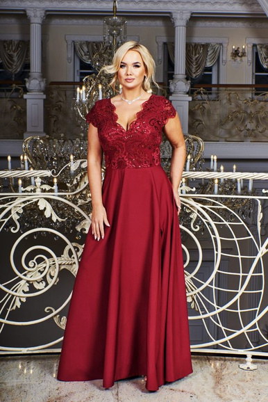 CRYSTAL - długa suknia z krótkim rękawkiem burgund