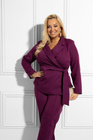 Śliwkowy komplet garniturowy PREMIUM – wiązana marynarka i spodnie z kantem Plus Size