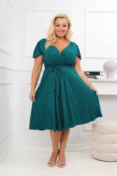 Zielona brokatowa sukienka KIMI midi – butelkowa elegancja w dużym rozmiarze