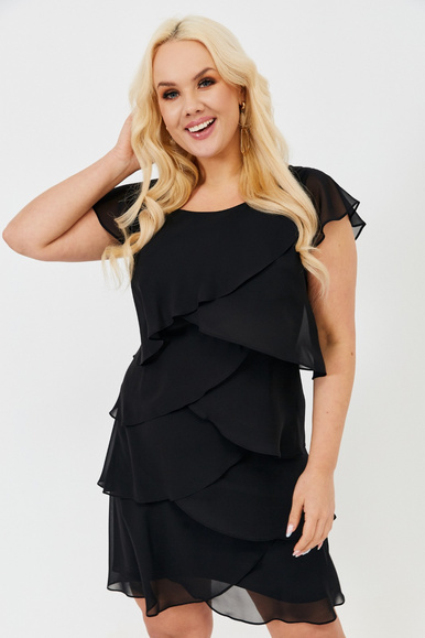 Czarna szyfonowa sukienka Bellissima – falbany, midi, plus size