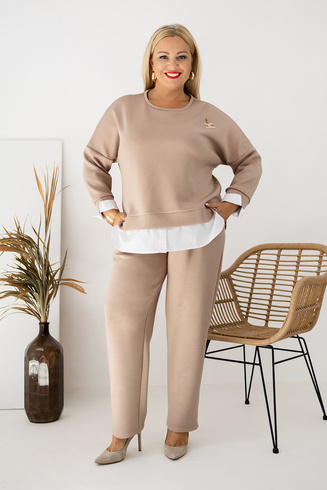 Beżowy komplet damski plus size MILANO – bluza z białymi wstawkami + spodnie