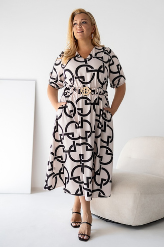 Beżowa sukienka midi GISELLE – nowoczesny print i kobieca elegancja w dużym rozmiarze