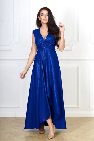 GRACIA - Długa suknia z brokatowej tkaniny, chabrowa