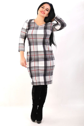 Sukienka dzianinowa z rękawem 3/4, krata popiel, czerwień