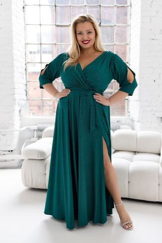 Butelkowa zieleń ARABELLA maxi XXL– brokatowa sukienka wieczorowa plus size w stylu glamour