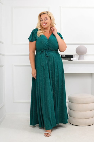 Butelkowozielona brokatowa sukienka ANGELIKA maxi – elegancja i szyk w dużym rozmiarze