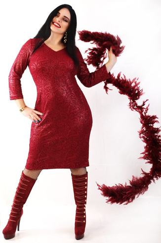 Sukienka dzianinowa wytłaczana z brokatem, bordowa