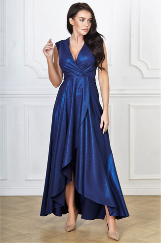 GRACIA - Długa suknia z brokatowej tkaniny, granatowa