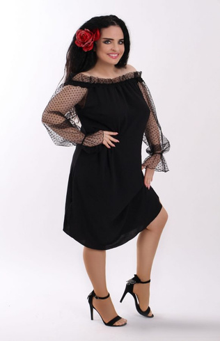 Czarna sukienka hiszpanka z tiulowym rękawem w kropeczki - ADELAIDA