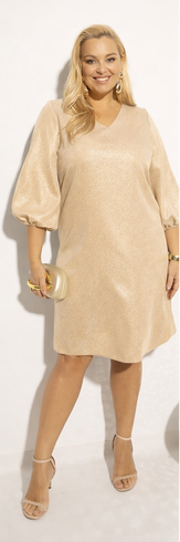 Beżowo złota sukienka midi AURELIA GLAM Plus Size – wieczorowy blask i lekkość w dużym rozmiarze