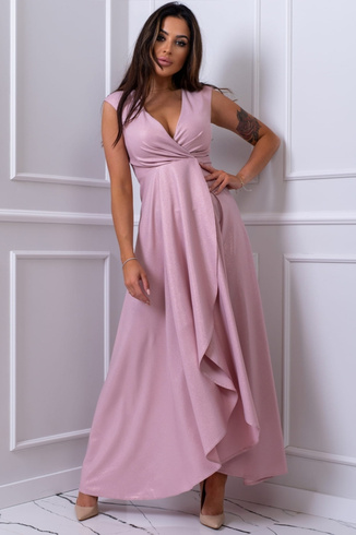 GRACIA - Długa suknia z brokatowej tkaniny, pudrowy róż