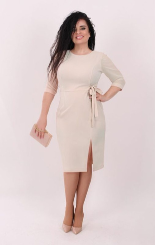 Beżowa elegancka sukienka AMELIA z siateczkowymi rękawami i wiązaniem – midi plus size