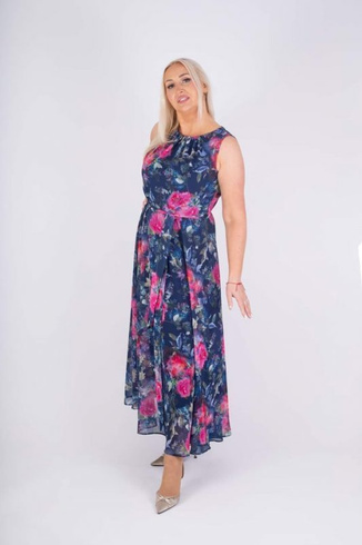 Długa granatowa sukienka szyfonowa w kwiaty Judyta