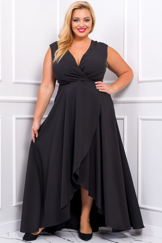 GRACIA - Długa suknia z gładkiej tkaniny, czarna