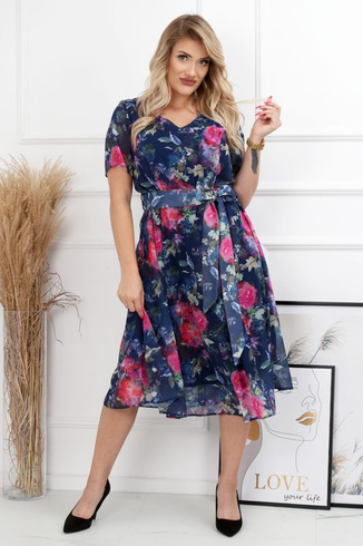 Granatowa koktajlowa sukienka szyfonowa w kwiaty Elizabeth