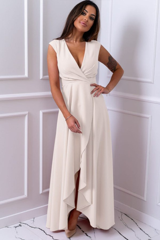 GRACIA - Długa suknia z gładkiej tkaniny, ecru