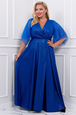 Efektowna brokatowa długa suknia wieczorowa - EVITA chabrowa