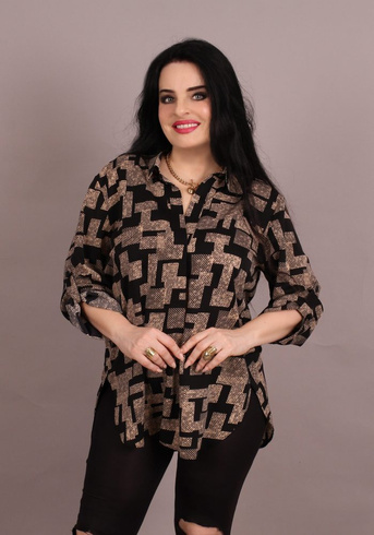 Beżowa czarna koszula z rękawem 3/4 SPRING