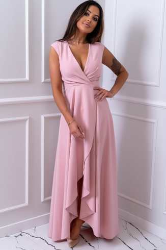 GRACIA - Długa suknia z gładkiej tkaniny, pudrowy róż